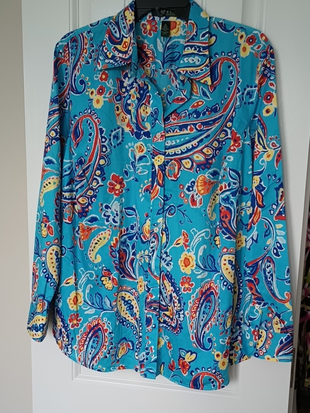 Ralph Lauren Turquoise Paisley Button Up Blouse 100% Cotton 1X